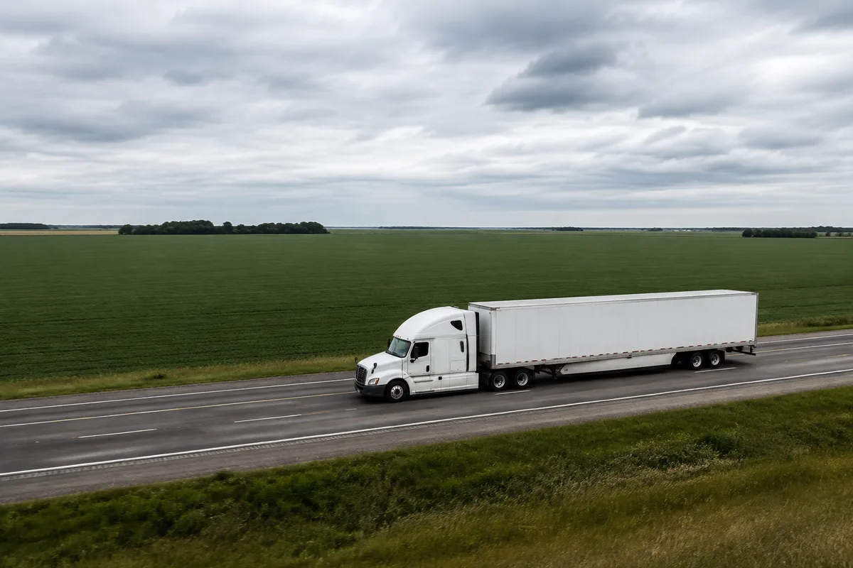 Semi truck carrying freight along a prairie highway